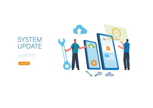 System updates with people updating operation in computing and installation programs. Flat vector illustration modern character design. For a landing page, banner, flyer, poster, web page.