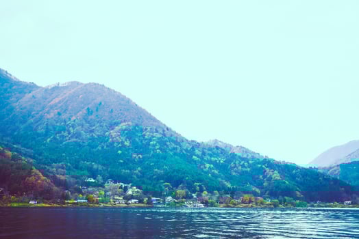 A lake with mountains and trees in the background photo