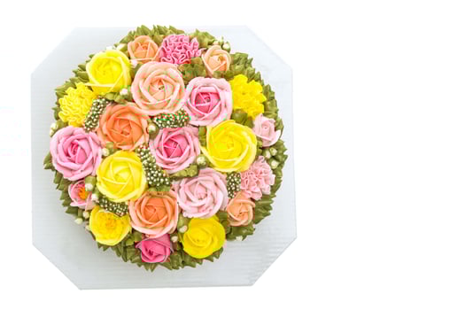 A cake with colorful roses on top of a white box photo
