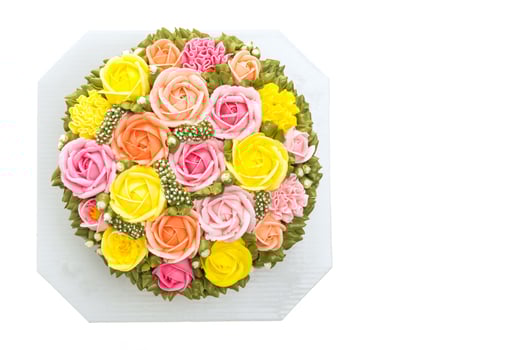 A cake with colorful flowers on top of a white plate photo