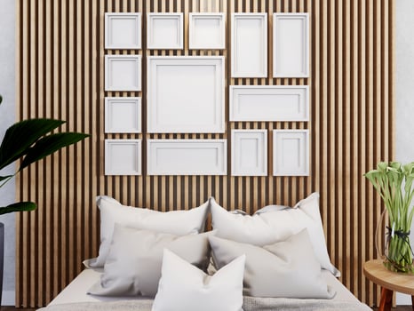 Mock up of poster frame in wooden floor modern interior behind of bed  in bed room with some trees isolated on light background, 3D render, 3D illustration photo