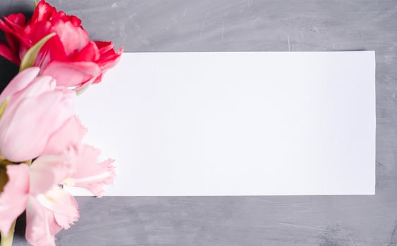 Blank paper copy space. Frame with flowers. Silk ribbon. Gray background. Simple bouquet. Greeting card. photo