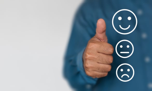 Businessmen choose to rating score happy icons with copy space. Customer service experience and business satisfaction survey concept photo
