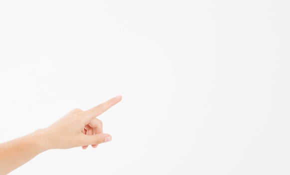 finger point isolated white background. caucasian hand. Mock up. Copy space. Template. Blank. photo