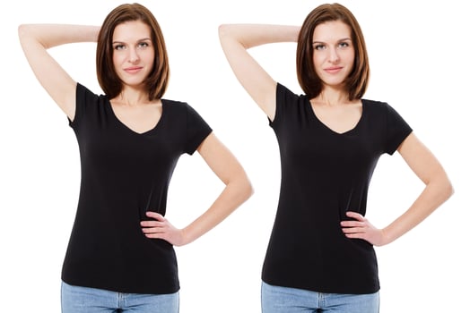 Woman in Black V-neck T-Shirt set isolated on white photo