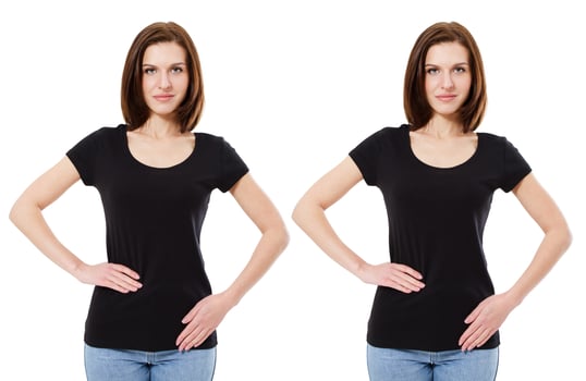 collage t shirt. Caucasian woman,girl in black tshirt isolated on white background, template,blank photo