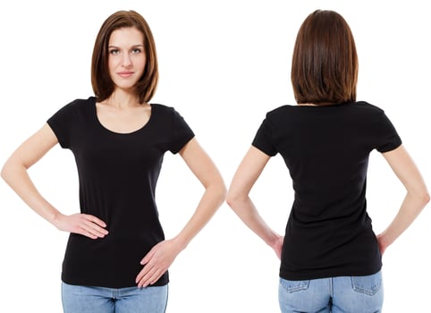 Woman in black V-neck T-shirt, front and back, copy space photo
