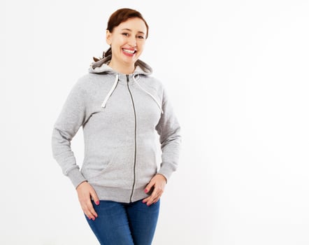 beautiful women Gray pullover hoodie mockup, Woman in gray hoodie, template for your own design, girl wearing blank grey hoodie on white background photo