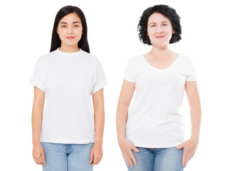 Teen asian woman t-shirt mock up middle age woman tshirt, korean girl in empty blank t shirt isolated on white background copy space. Front view girl Tshirt copy space photo