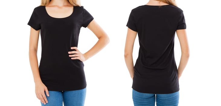woman in black t-shirt set - front and back views isolated on white photo