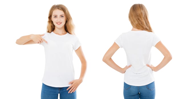 t-shirt set,woman in empty tshirt isolated on white background,pointed on t shirt photo