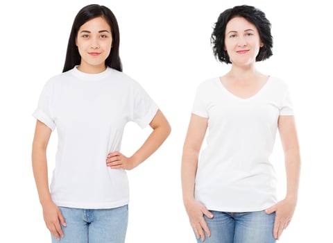 Teen asian woman t-shirt mock up middle age woman tshirt, korean girl in empty blank t shirt isolated on white background copy space. Front view girl Tshirt copy space photo