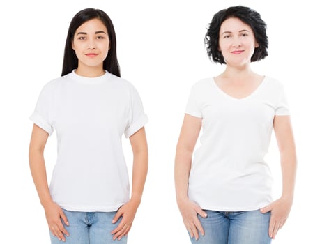 Teen asian woman t-shirt mock up middle age woman tshirt, korean girl in empty blank t shirt isolated on white background copy space. Front view girl Tshirt copy space photo