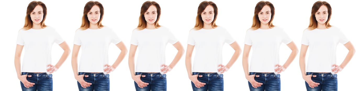 woman in white t-shirt isolated, many women tshirt photo