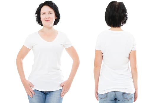 T-shirt design and people concept - close up of middle-aged woman in blank white t-shirt, shirt front and rear isolated. Mock up. photo