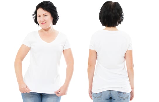white tshirt set, woman in style T-shirt isolated on white background, tshirt mock up, blank shirt photo
