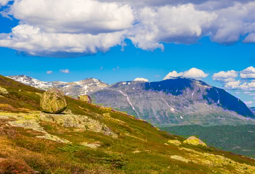 Beautiful valley panorama Norway Hemsedal Hydalen with snowed in Mountains. photo