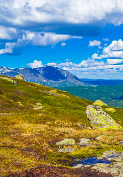 Beautiful valley panorama Norway Hemsedal Hydalen with snowed in Mountains. photo