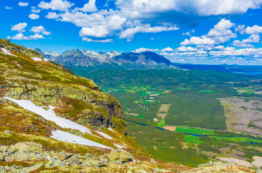 Beautiful valley panorama Norway Hemsedal Hydalen with snowed in Mountains. photo