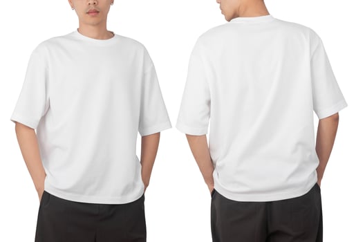 Young man in blank oversize t-shirt mockup front and back used as design template, isolated on white background with clipping path photo