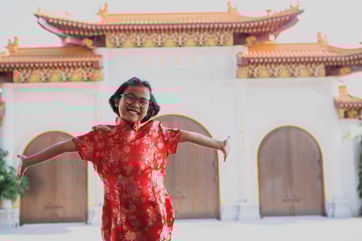 asian girl wearing red chinese suit happiness against china temple background photo
