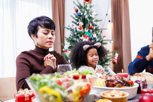 Families together to pray before meals at home. photo