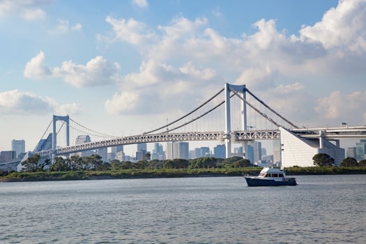 rainbow bridge crossing tokyo harbor to odaiba island important traveling destination in japan photo