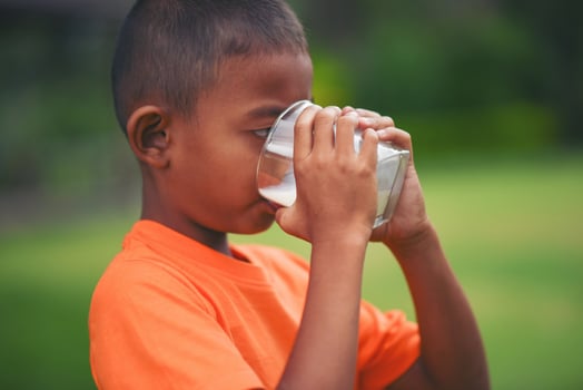 Little boy drinking milk in the park photo