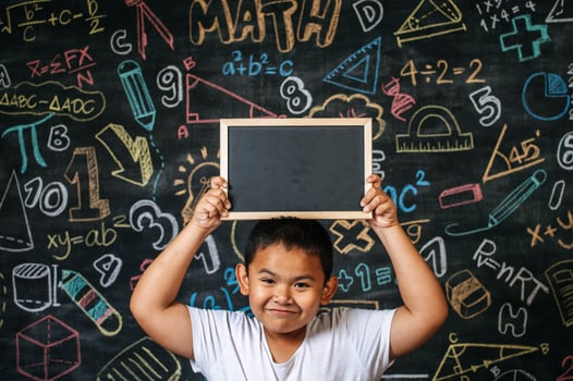 Child standing and holding blackboard in the classroom photo