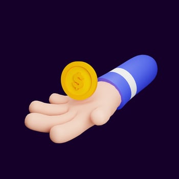 hand with dollar coin on dark background isolated. Scene for business, finance background. 3D render illustration. photo
