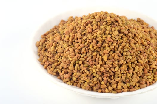 Fenugreek seeds in white plate isolated on white background photo