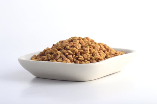 Fenugreek seeds in white plate isolated on white background photo