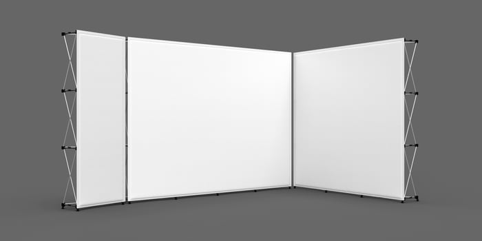 Exhibition Wall Banner Combo 3x1, 3x2 and 3x3 cubed systems, 3d render illustration. Isolated on a dark background photo