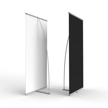 Front and Back view of a Brandable Banner Stand with a black ski photo
