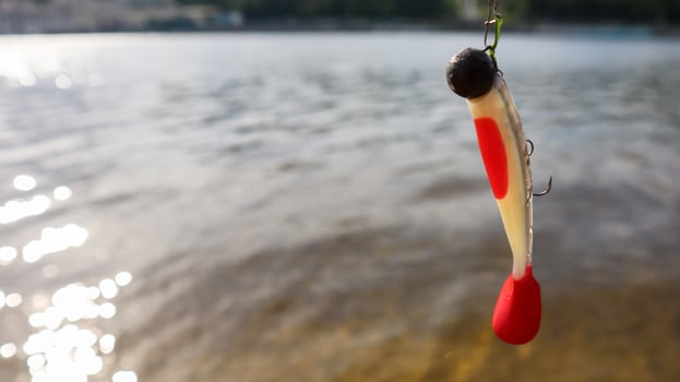 Ukraine, Kiev - June 2, 2020. Silicone fish wobblers hanging on a spinning rod, against the background of water. fishing lures for predatory fish. Copy space. Sport and hobbies photo