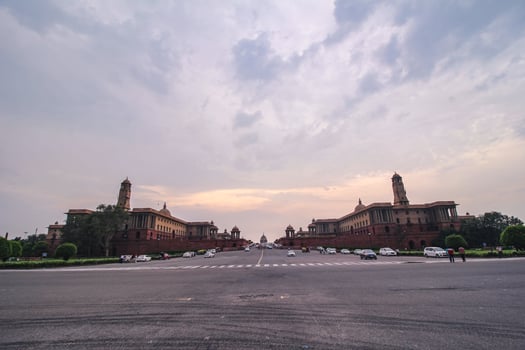 Rashtrapati bhawan on the rajpath road,new Delhi in golden hour with reflection.also known as president estate photo