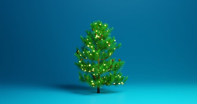 Spruce Tree Christmas blue background. 3D rendering photo