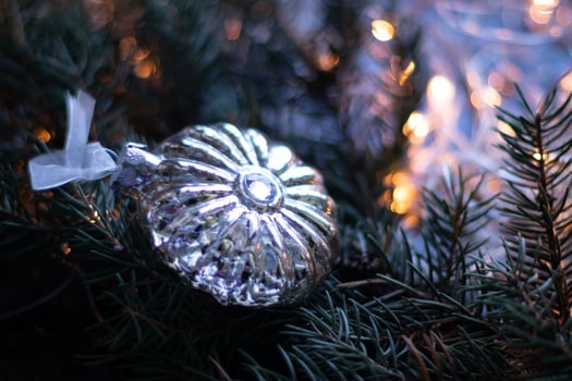 Christmas toy, silver ball on Christmas tree branch. Copy space photo