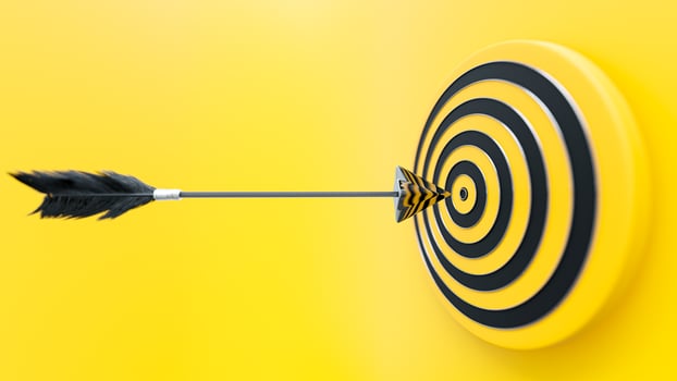 Arrow or dart are rushing to dartboard black and yellow. arrow selective focus. Aim or goal concept. 3D Render photo