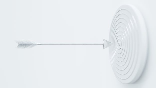 Arrow or dart are rushing to white dartboard. arrow selective focus. Aim or goal concept. 3D Render photo