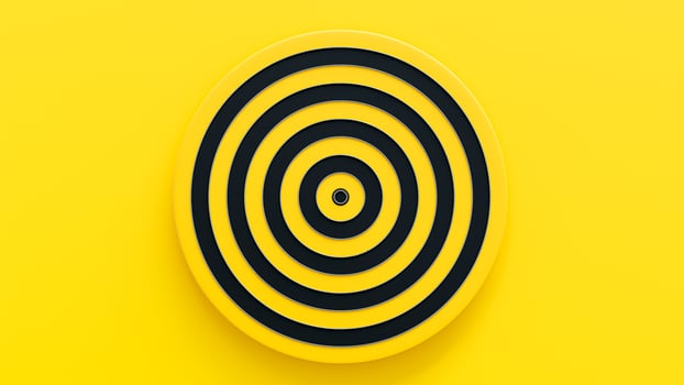 Dartboard black and yellow for background. Aim or goal concept. 3D Render photo