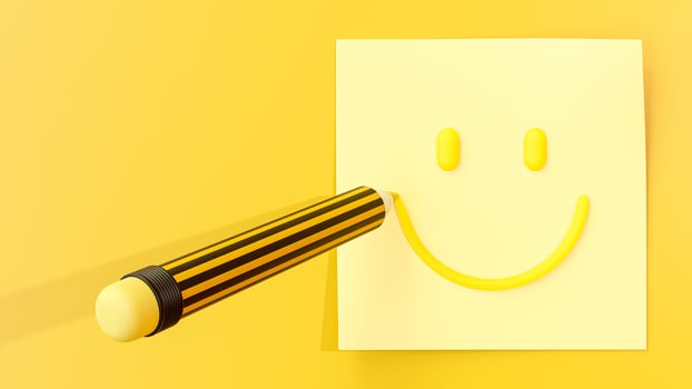Yellow pencil drawing smiley face on post-it or note paper on yellow background. Space for banner and logo. Minimal idea concept, 3D Render. photo
