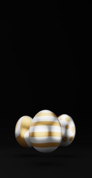 Falling luxury white golden 3d easter eggs with pattern on black background. 3d rendering Happy Easter Luxury background with golden and black eggs photo