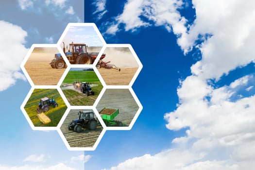 agricultural background with infographics, tractor in a field against a blue sky background photo