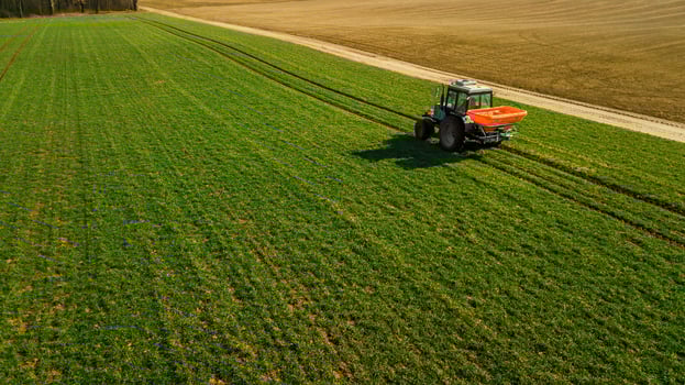 Agriculture. Tillage tractor . Aerial survey photo