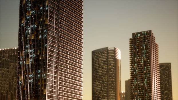 sunset aerial shot of skyscrapers of business centre photo