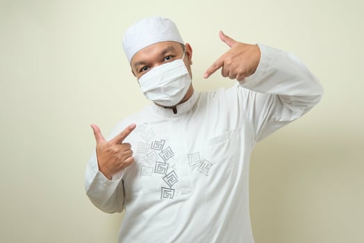 Fat Asian muslim men wearing masks with confident gestures photo