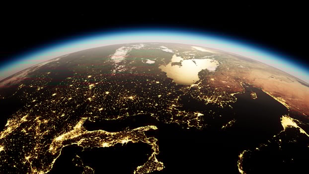 Space, Sun and planet Earth at Night photo