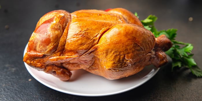 whole chicken baked fried festive table smoked poultry meat fresh portion photo