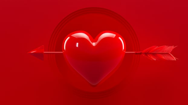 Red heart and arrow on red background. 3D Render. photo
